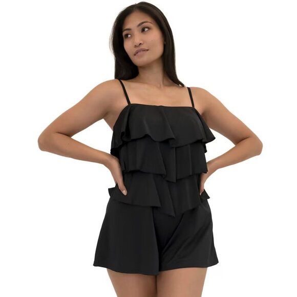 FIT 4U New Hip Hider Black Tiered Ruffle Swimsuit Romper size 12 - Picture 1 of 14